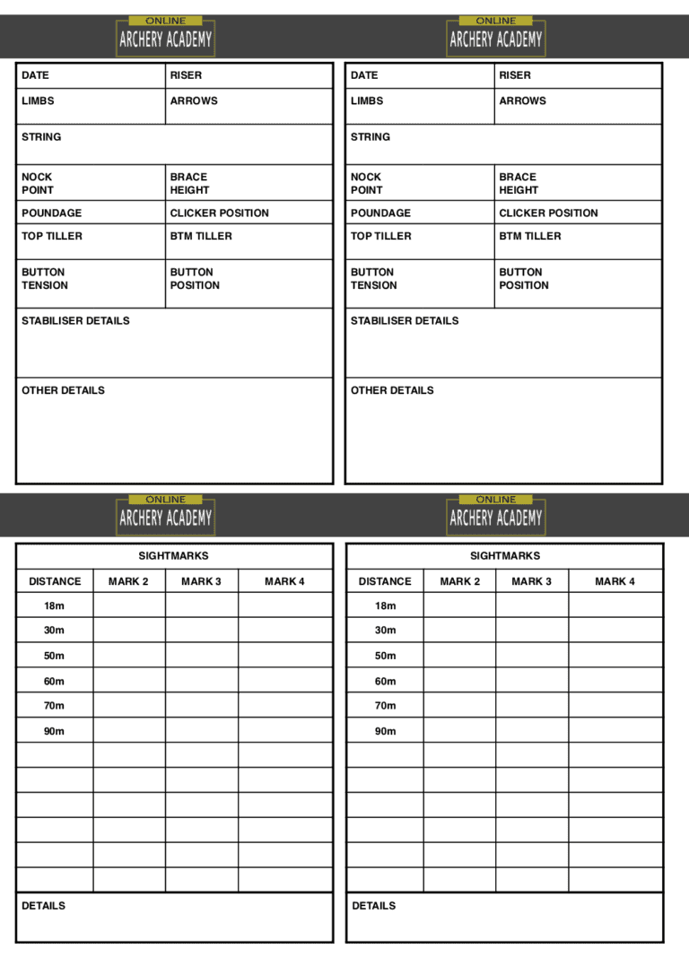 archery equipment details sheet pdf