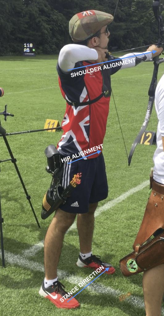 recurve archer showing foot position when using a square stance