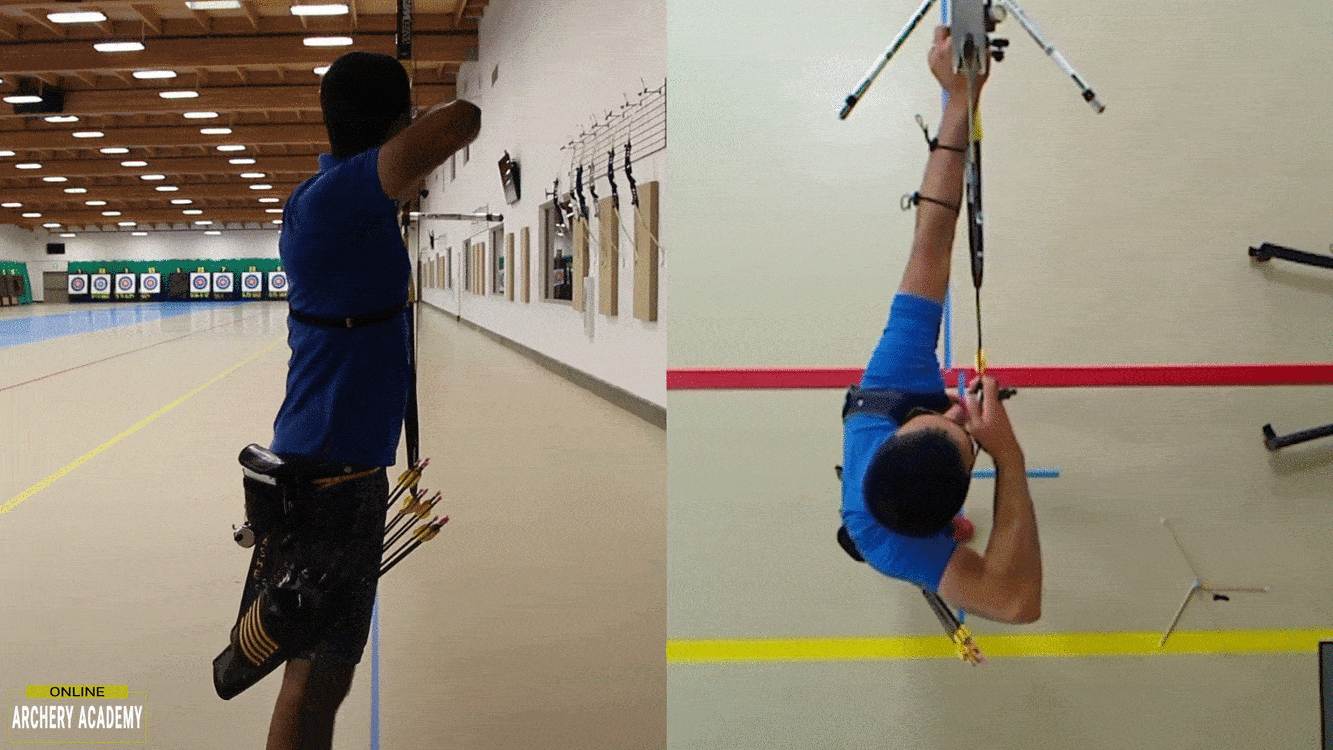 recurve archer showing lowering the bow to setup positioning